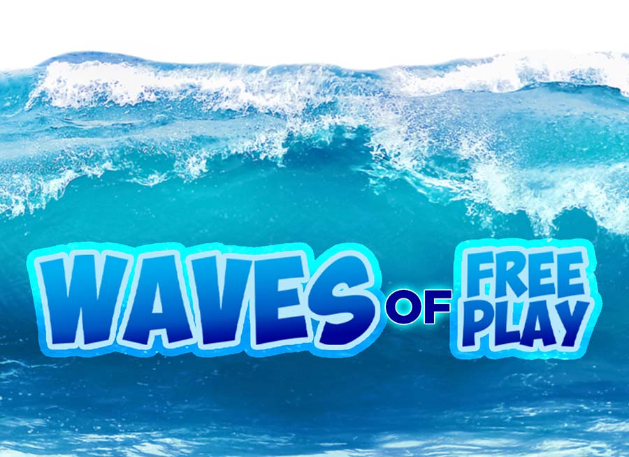 "Waves of Free Play" Background image of an ocean wave with beach balls floating around.