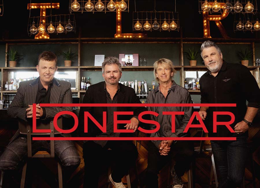 "Lonestar" logo with group picture of band at a bar