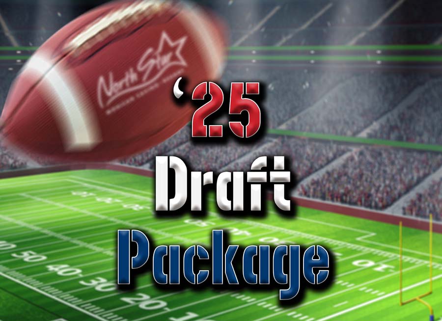 "'25 Draft Package" image of football field arena with a flying football with the North Star Mohican Casino Resort Logo.