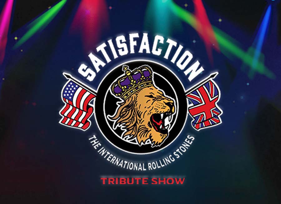 "Satisfaction The International Rolling Stone Tribute Show" Logo with a star themed background and colorful show lights.